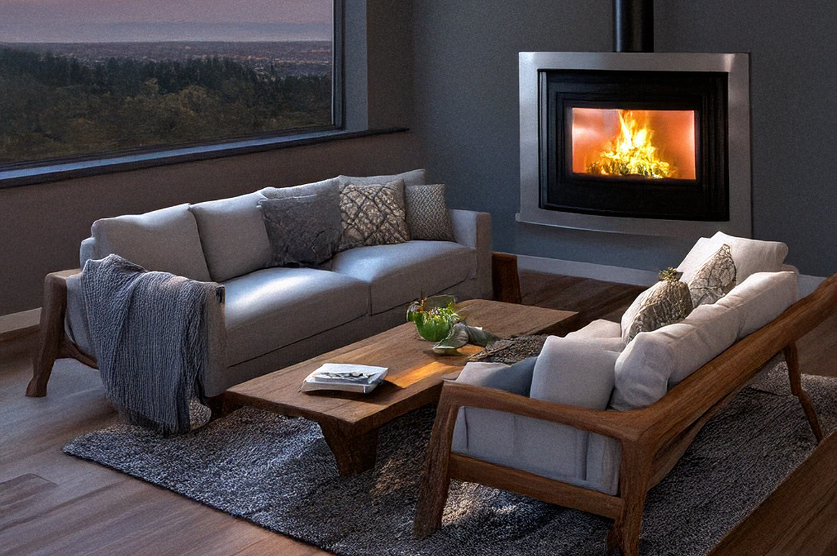 Comfy lounge with a log burning stove alight